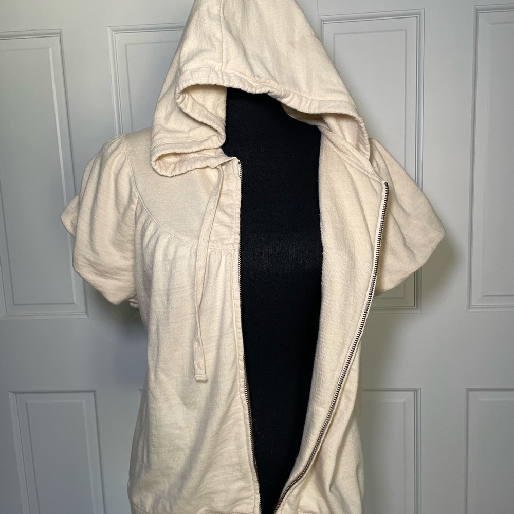 Old Navy Y2K Cream Hooded Short-Sleeve Zip Sweatshirt Bubble Sleeve Large - Picture 2 of 9